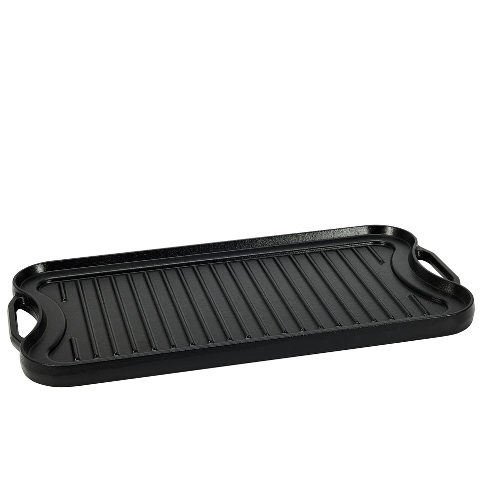 Amazon Basics pre-seasoned cast iron grill-griddle surface with even heat for searing.