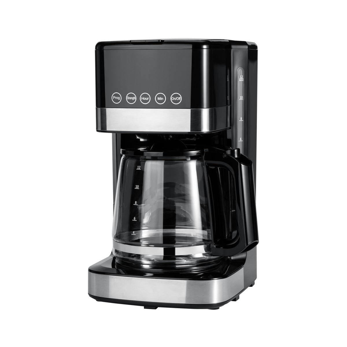 Amazon Basics 12-cup coffee maker front view; spacious capacity for family mornings.