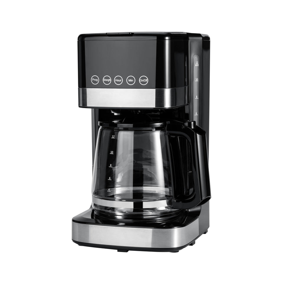 Amazon Basics 12-cup coffee maker front view; spacious capacity for family mornings.