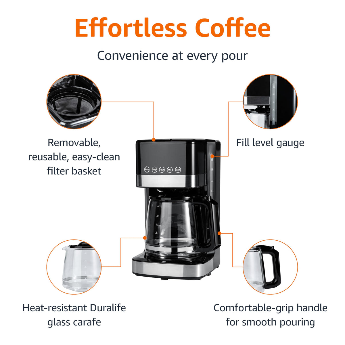 Amazon Basics programmable coffee maker touch screen for quick, simple scheduling.