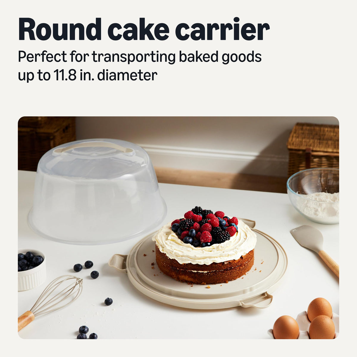Amazon Basics round cake carrier shows 11.8-inch capacity for party-ready desserts.
