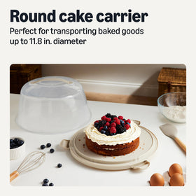 Amazon Basics round cake carrier shows 11.8-inch capacity for party-ready desserts.