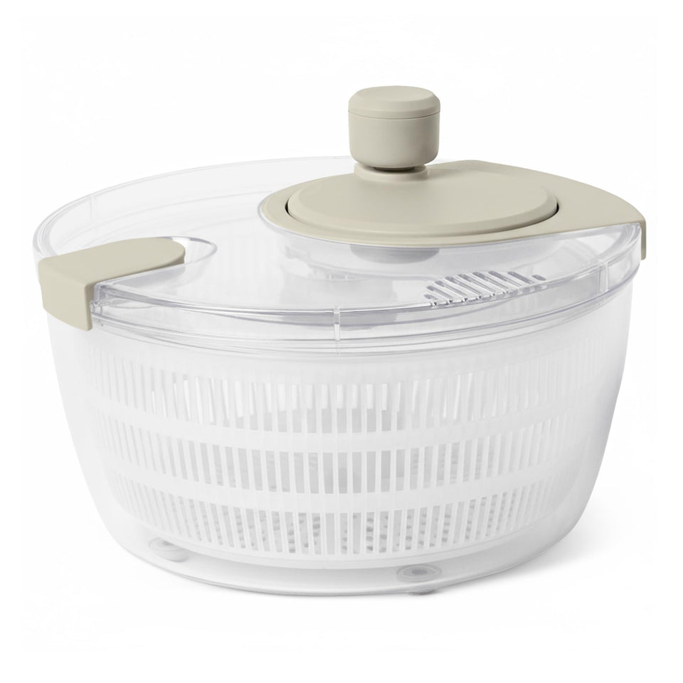 Amazon Basics salad spinner 4.2 qt linen-gray bowl for fast greens drying.
