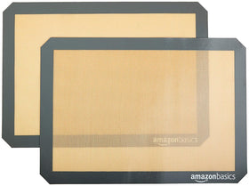 Amazon Basics silicone baking mat, rectangular beige-gray, fits standard trays.
