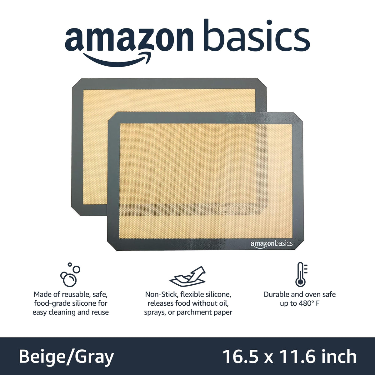 Amazon Basics silicone baking mat, rectangular beige-gray, fits standard trays.