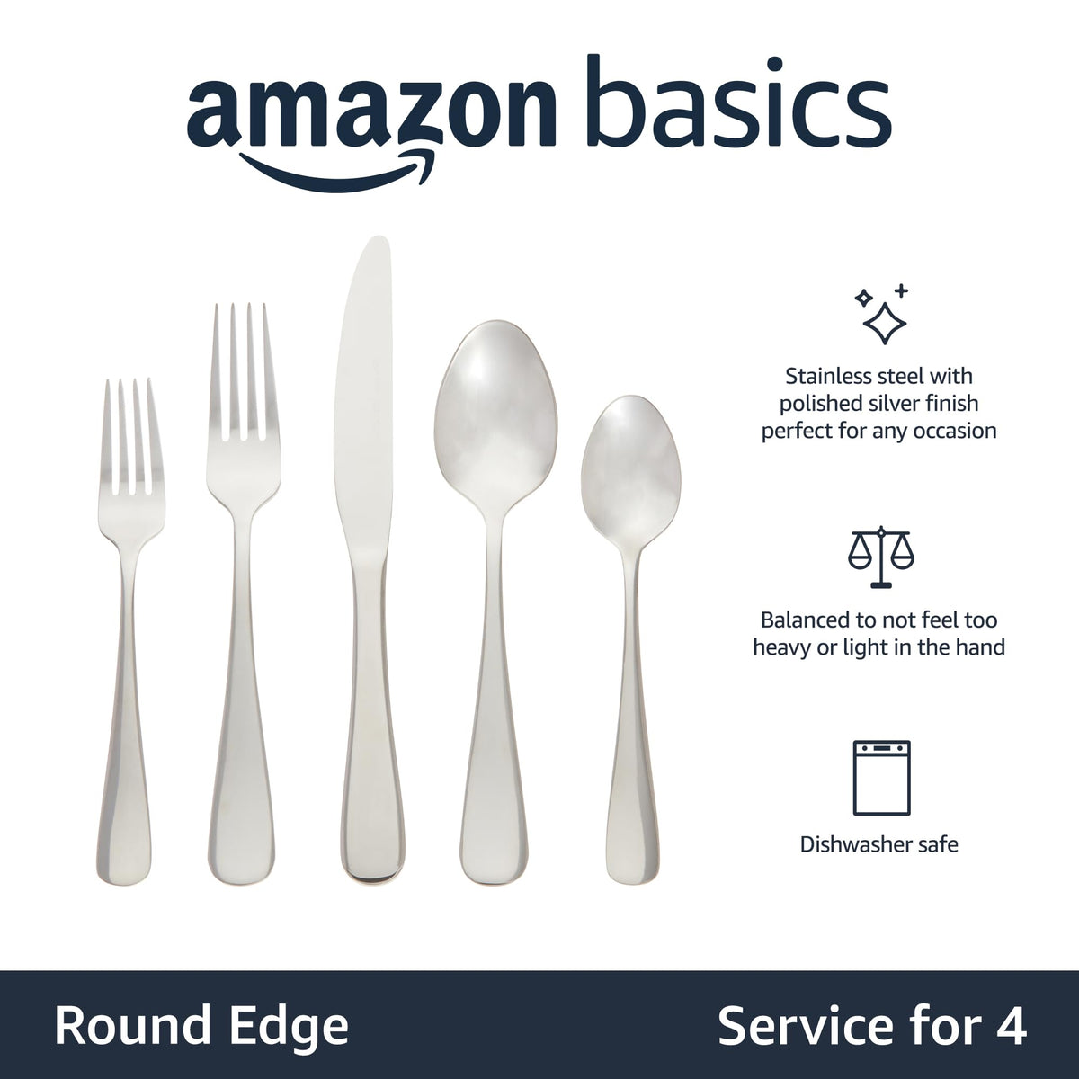 Amazon Basics round-edge silverware design for comfortable grip during meals.