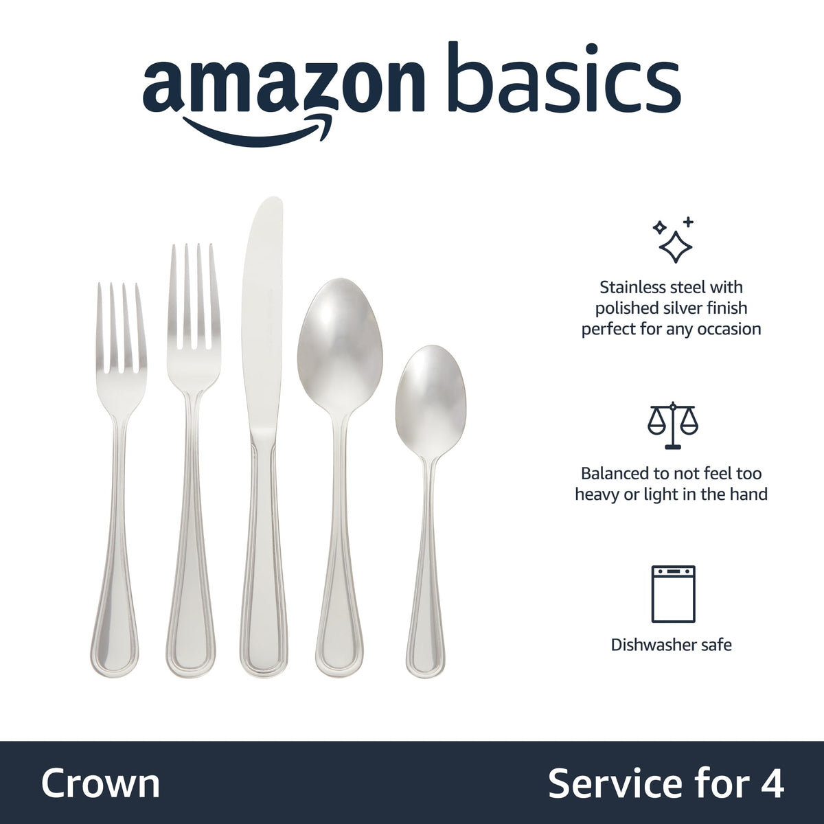 Amazon Basics silverware set service for 4 packaging ready for meals.