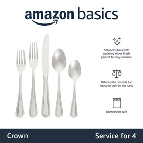 Amazon Basics silverware set service for 4 packaging ready for meals.