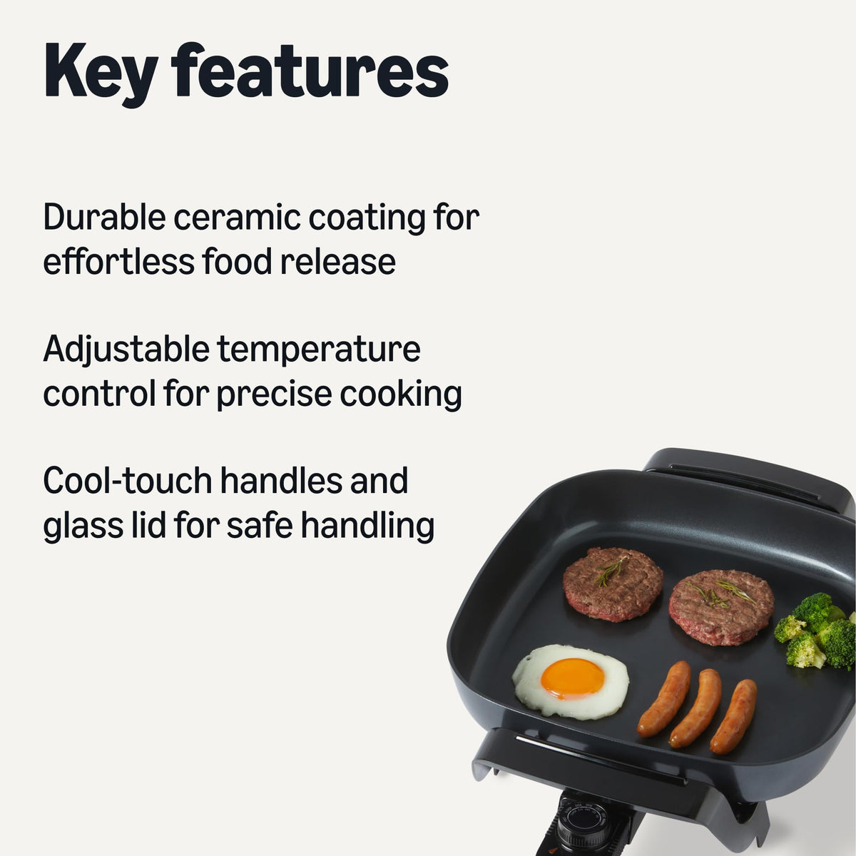 Amazon Basics skillet showing ceramic nonstick coating for easy food release and quick cleanup