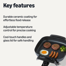 Amazon Basics skillet showing ceramic nonstick coating for easy food release and quick cleanup