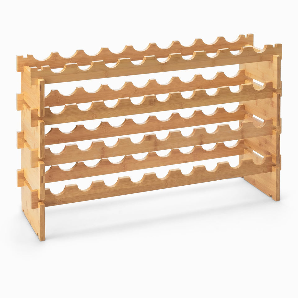 Amazon Basics bamboo wine rack shows 36-bottle capacity with easy assembly on a clean countertop.