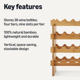 Amazon Basics stackable bamboo wine rack highlights vertical design for compact storage.