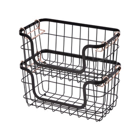 Amazon Basics stackable basket front view with rose gold handles for organized storage.