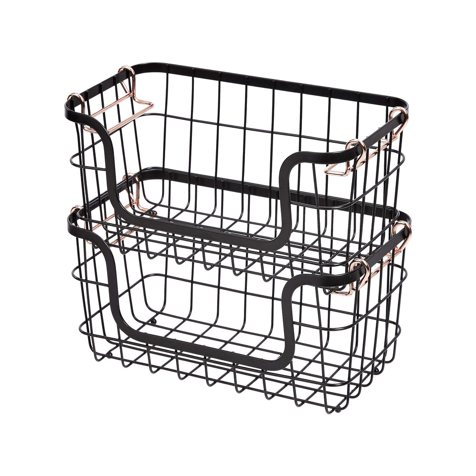 Amazon Basics stackable basket front view with rose gold handles for organized storage.