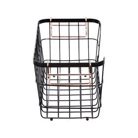 Amazon Basics steel wire basket close-up highlighting rose gold accents.