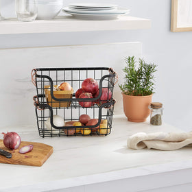 Amazon Basics rectangle wire basket side view ideal for pantry organization.