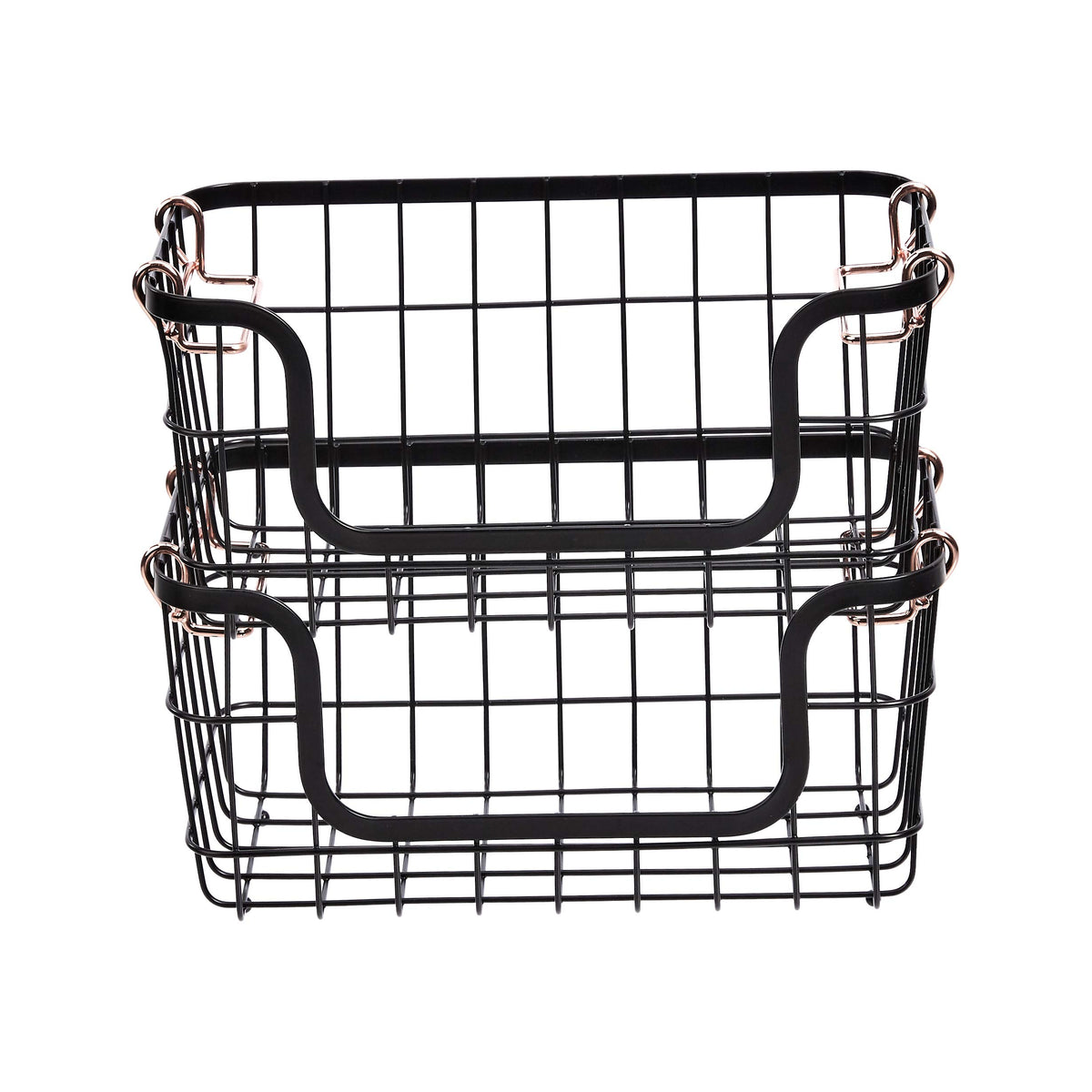 Amazon Basics stackable wire basket stacked on kitchen countertop for space saving.