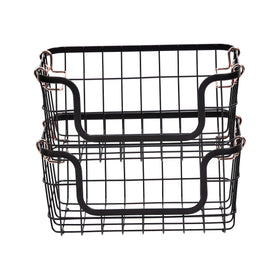 Amazon Basics stackable wire basket stacked on kitchen countertop for space saving.