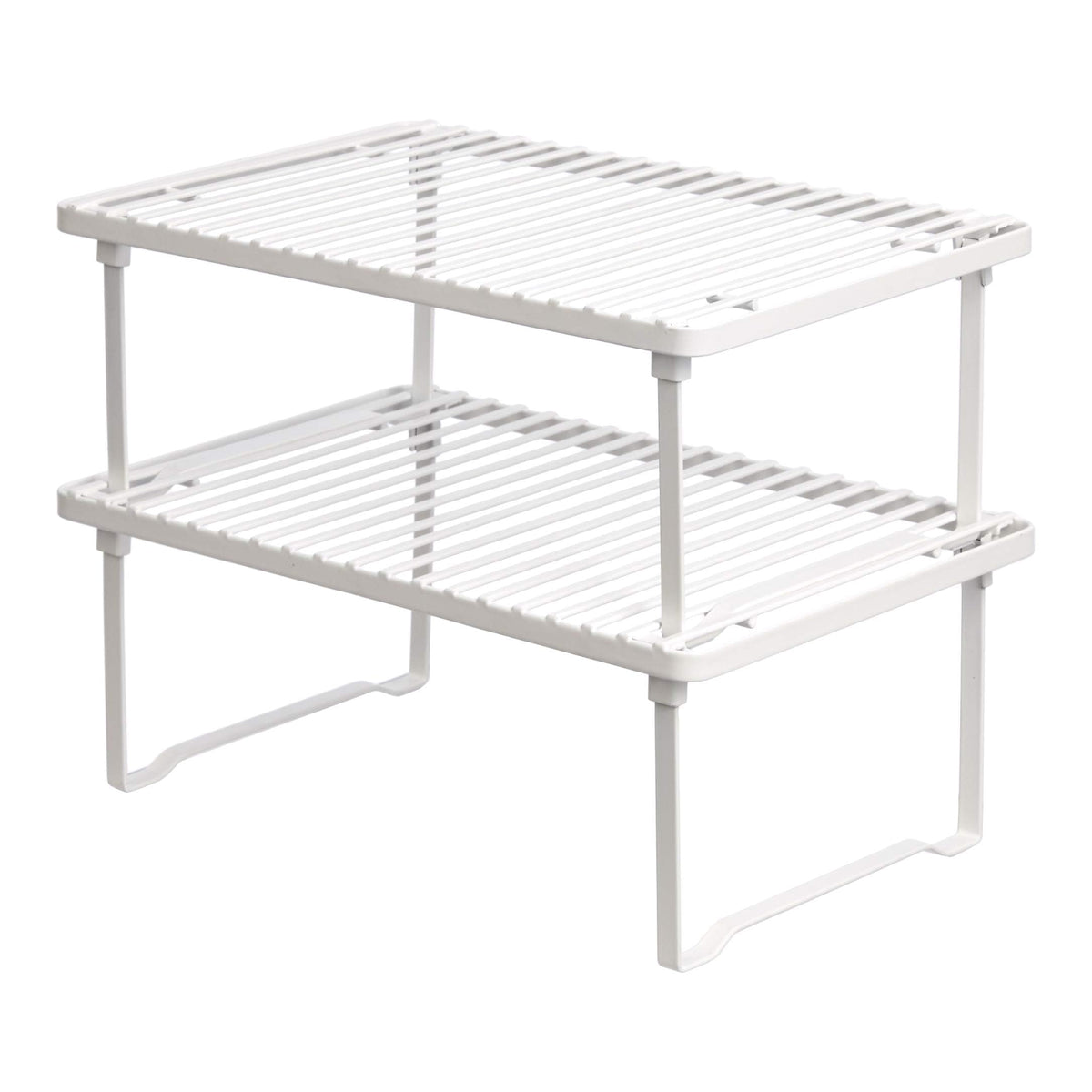 Amazon Basics stackable kitchen shelves organizing dishes for easy reach