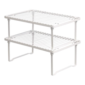 Amazon Basics stackable kitchen shelves organizing dishes for easy reach