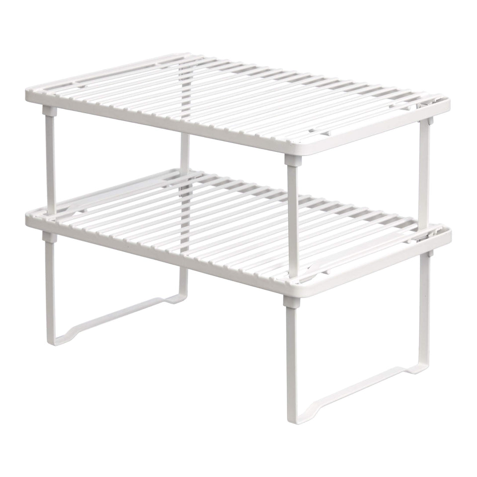 Amazon Basics stackable kitchen shelves organizing dishes for easy reach