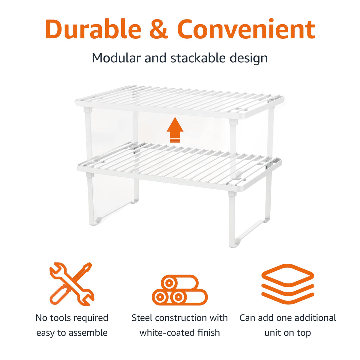 Amazon Basics stackable kitchen shelves organized pantry with cans and spices