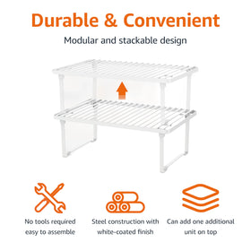 Amazon Basics stackable kitchen shelves organized pantry with cans and spices