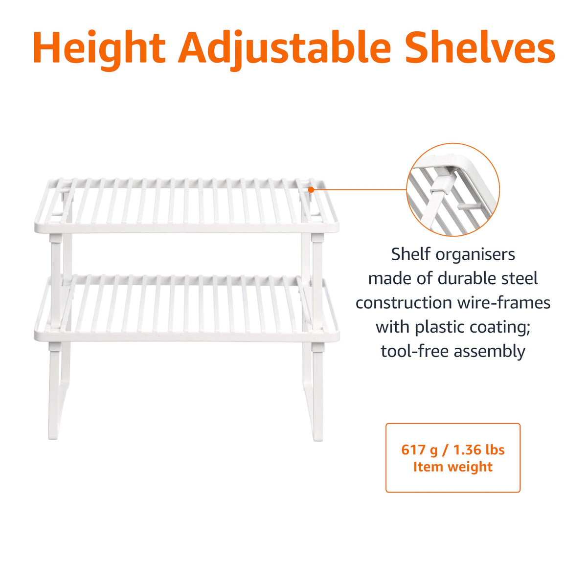 Amazon Basics stackable kitchen shelves arranged side by side for expanded storage