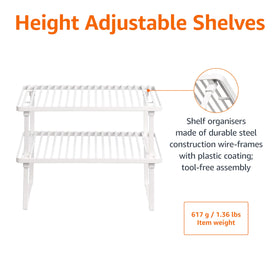 Amazon Basics stackable kitchen shelves arranged side by side for expanded storage