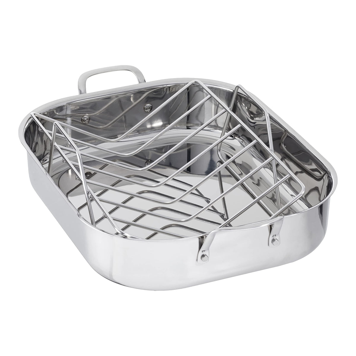 Amazon Basics stainless rectangular roasting pan for even browning and drippings collection.