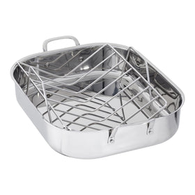 Amazon Basics stainless rectangular roasting pan for even browning and drippings collection.