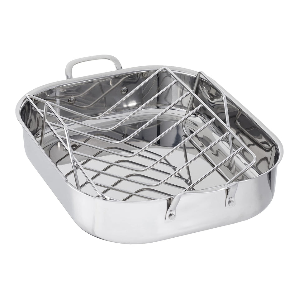 Amazon Basics stainless rectangular roasting pan for even browning and drippings collection.