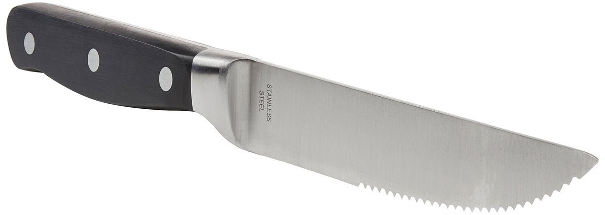 Amazon Basics stainless steel blade with full tang for reliable strength.