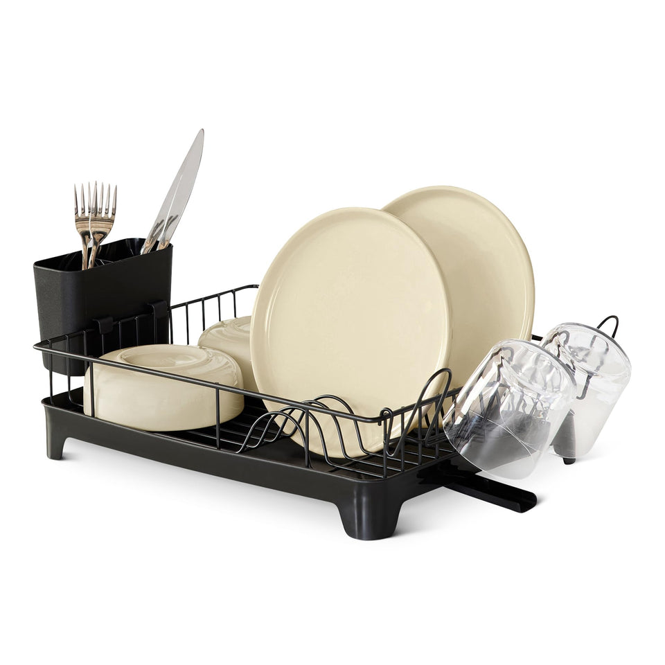 Amazon Basics stainless steel dish drying rack with compact footprint for small kitchens.