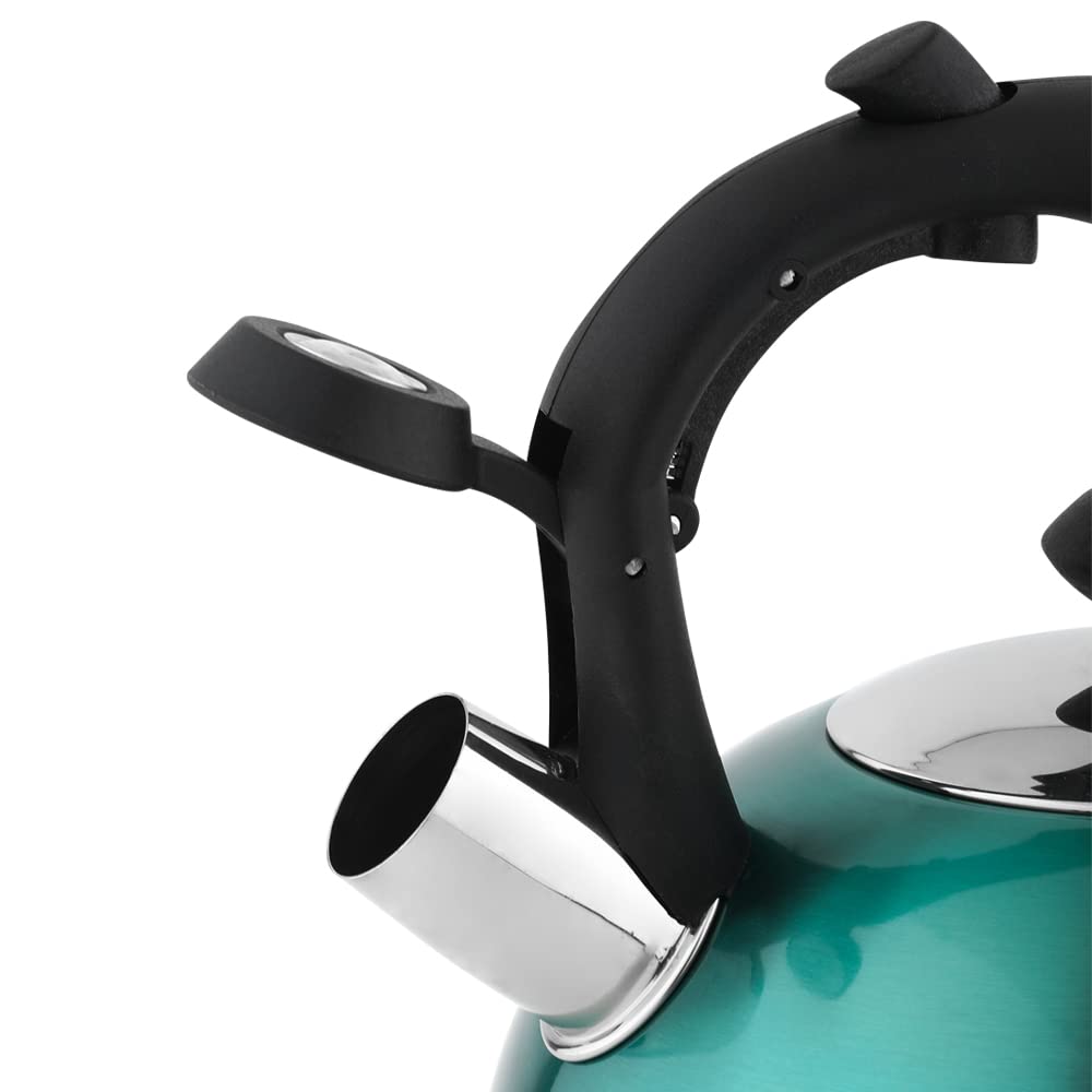 Amazon Basics tea kettle in teal with compact design ideal for small kitchens