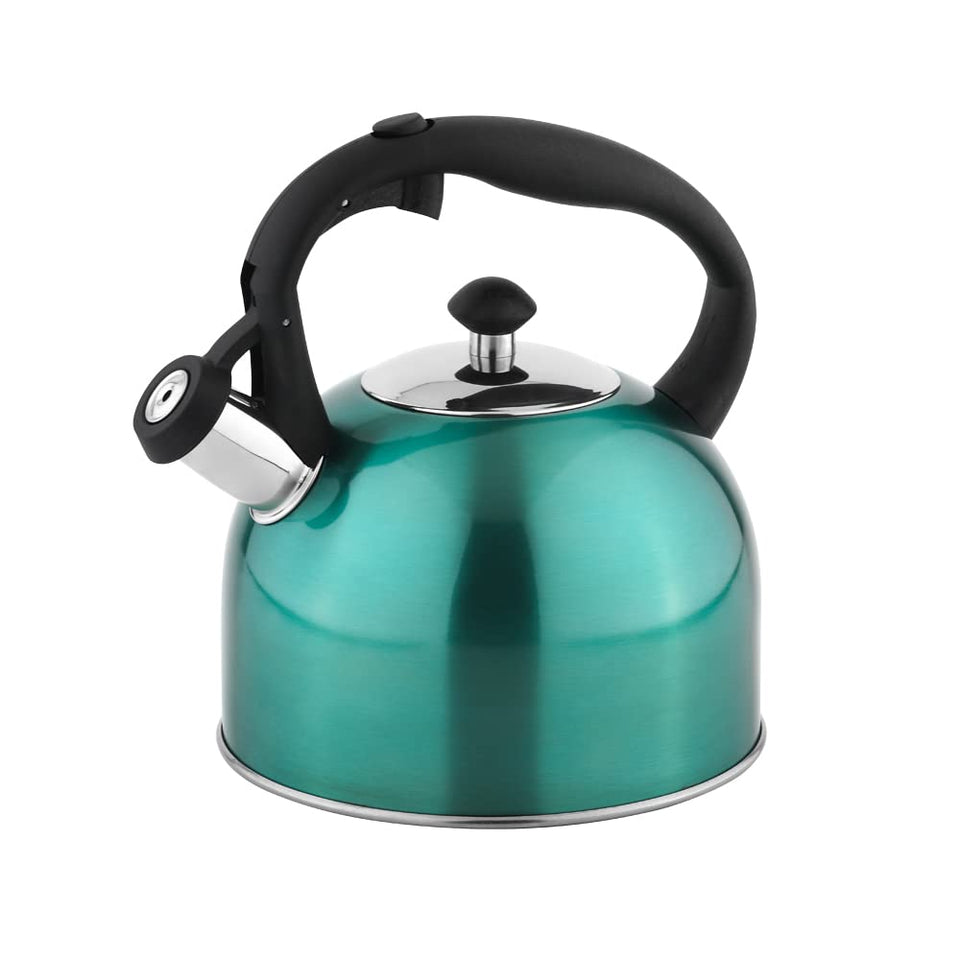 Amazon Basics stainless steel tea kettle in teal with fast boil capability for quick tea