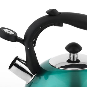 Amazon Basics stainless steel tea kettle teal featuring a loud whistle to signal boiling