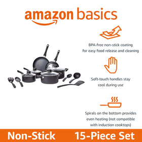 Amazon Basics pots and pans featuring even heating from the spiral bottom design