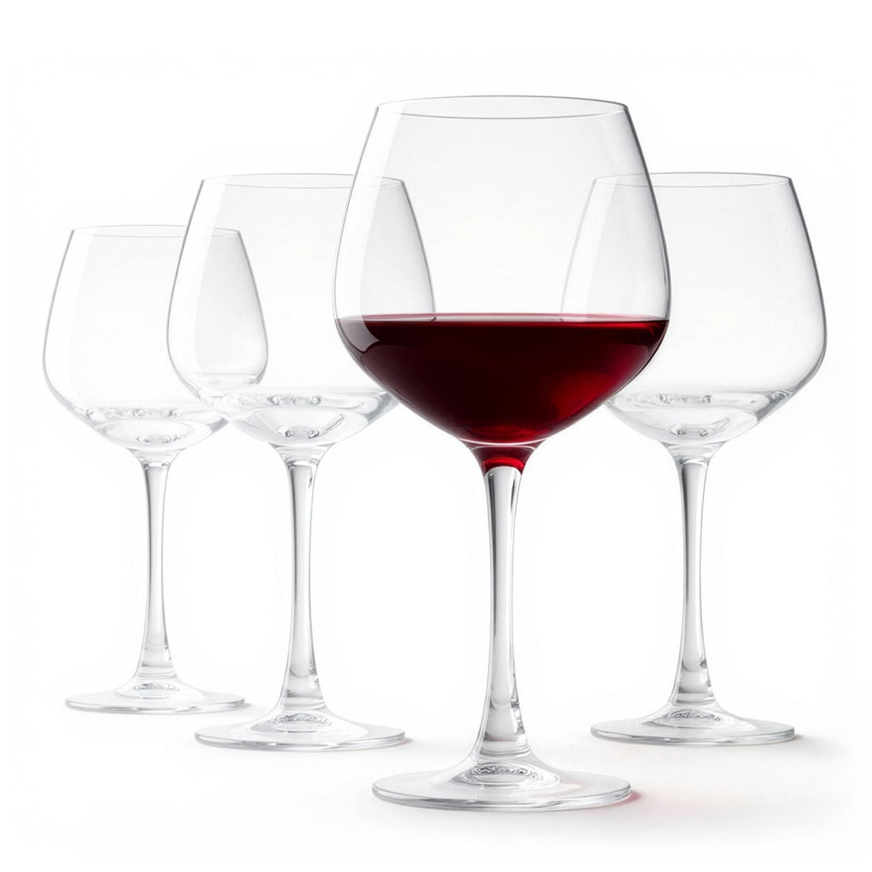 Amazon Basics stemmed red wine glass highlights color with 20 oz capacity for generous pours.
