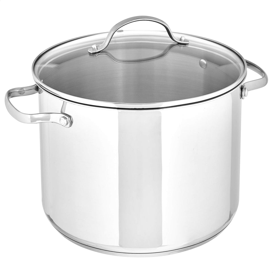 Amazon Basics stock pot with lid shows eight-quart capacity for large batches