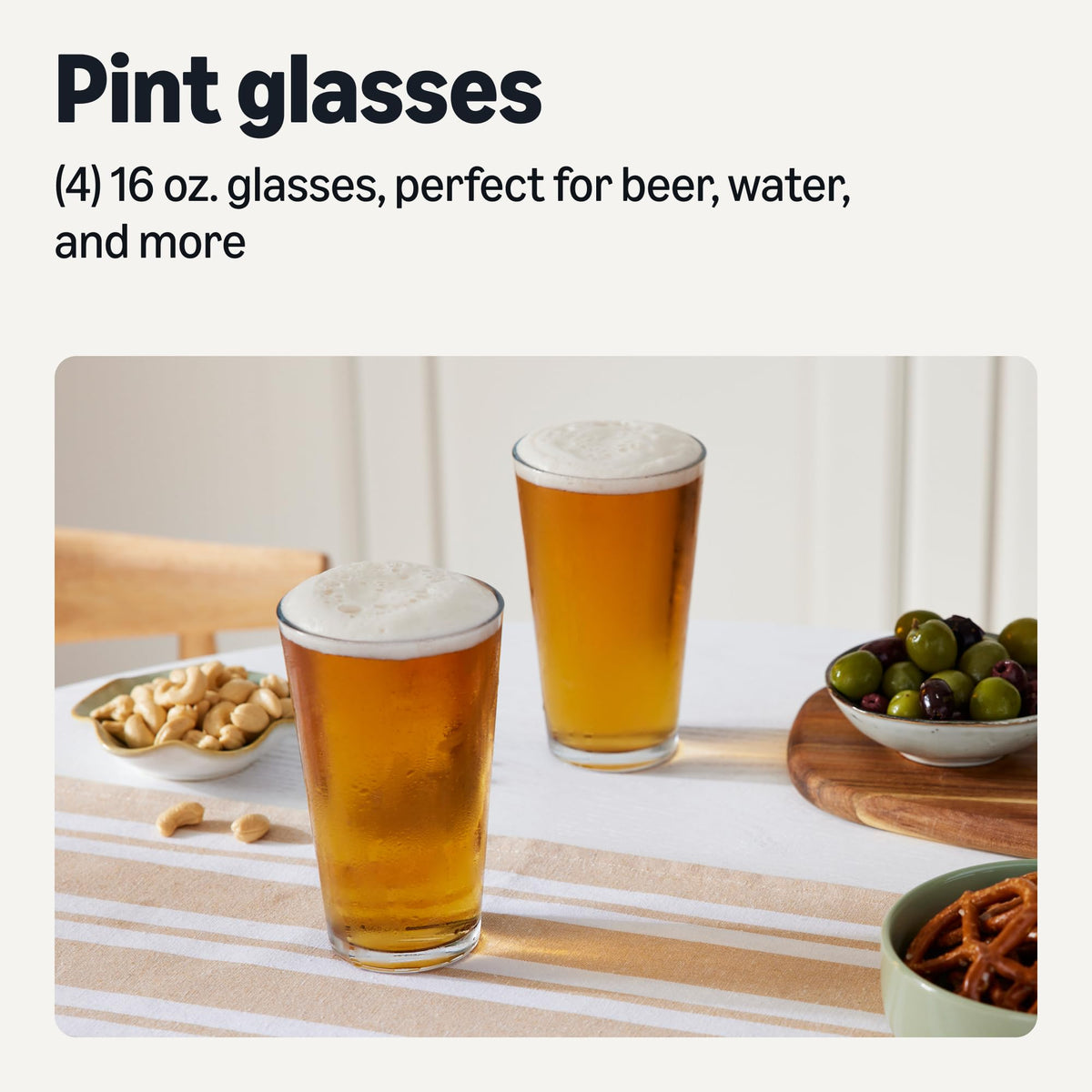Amazon Basics thick-glass pint glasses, enhanced durability for stable pour.