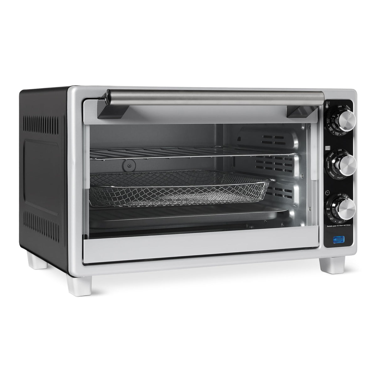 Amazon Basics toaster oven front view: compact design with 6-slice capacity.