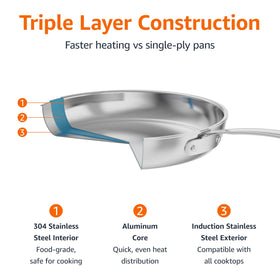 Amazon Basics 12-inch fry pan handle close-up highlighting sturdy, riveted design for secure grip.