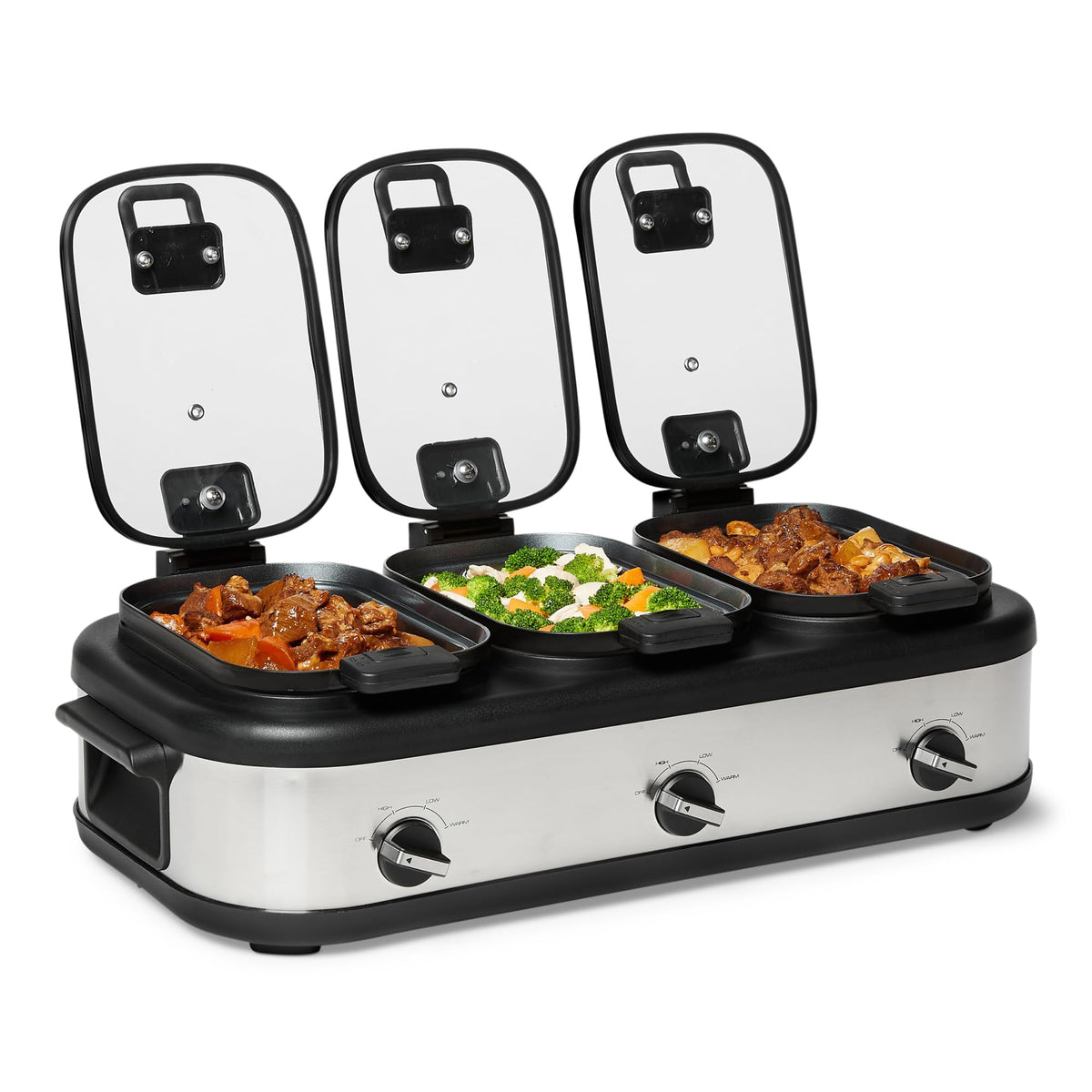Amazon Basics triple slow cooker features ceramic coating for safe nonstick cooking and easy cleanup.