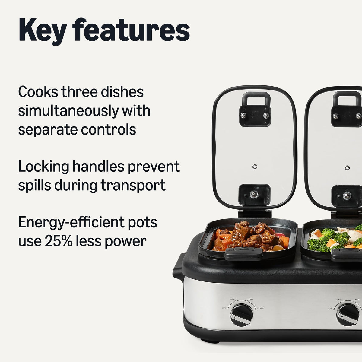 Amazon Basics triple slow cooker temperature dials allow precise heat control for each pot.