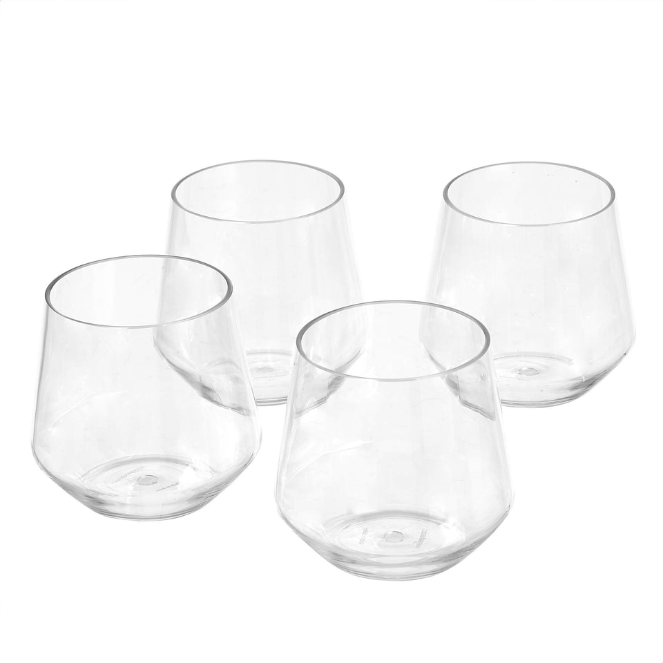 Amazon Basics Tritan glasses with a clear stemless design for wine or water service.