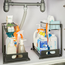 Amazon Basics two-tier under-sink storage demonstrates efficient space use in small areas