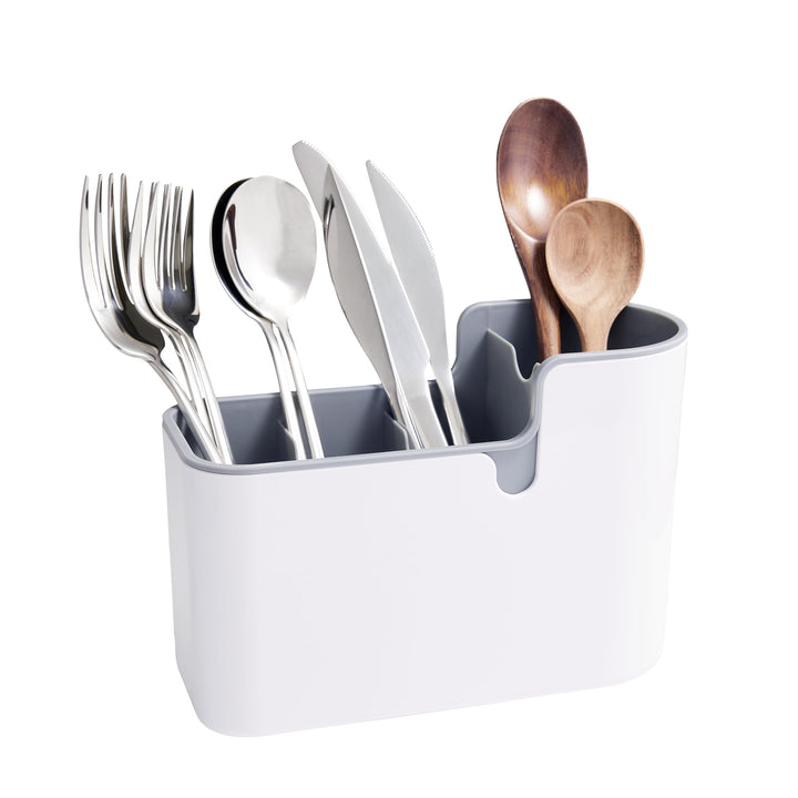 Amazon Basics utensil organizer on counter, white and grey, keeping forks and spoons neatly arranged.