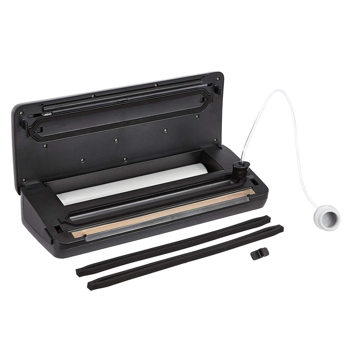 Amazon Basics vacuum sealer with air suction hose and bag roll for flexible storage.
