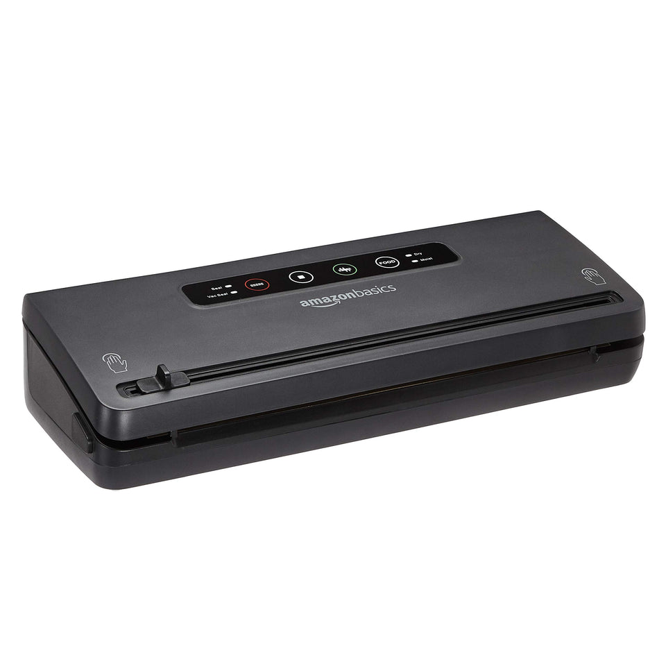 Amazon Basics vacuum sealer front view showing compact kitchen design for space saving.